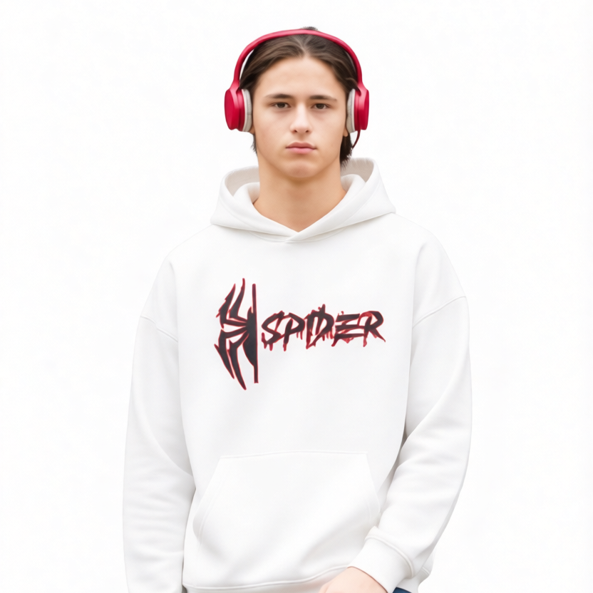 Person wearing a white hoodie with a spider logo and red headphones on a white background