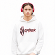 Person wearing a white hoodie with a spider logo and red headphones on a white background