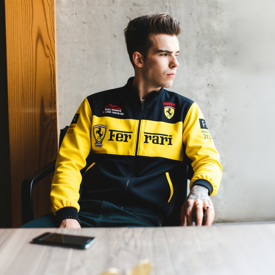 Person wearing a Ferrari jacket sitting at a table with a neutral background