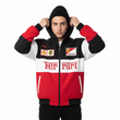 Person wearing a Ferrari hoodie with a white background